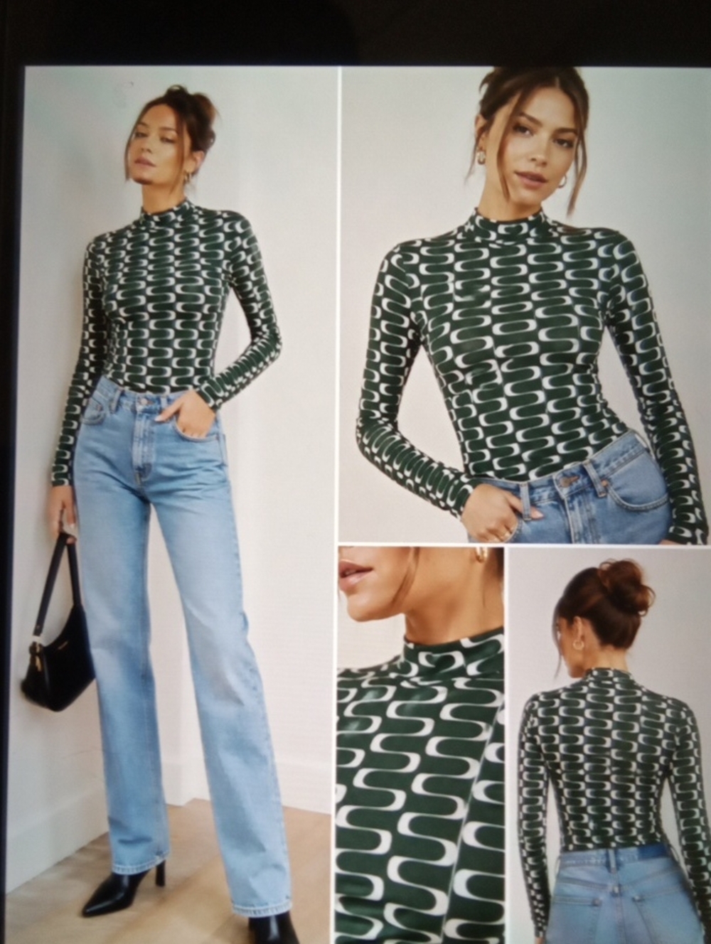 Reformation Dark Green Mock Neck Long Sleeve Top Geometric Print Womens M